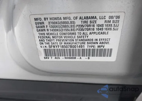 2007 Honda Pilot Ex-L from USA, damaged, VIN 5FNYF18507B001491